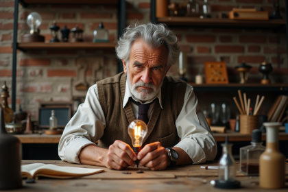 Inventeur âgé assemble une vieille ampoule dans son atelier