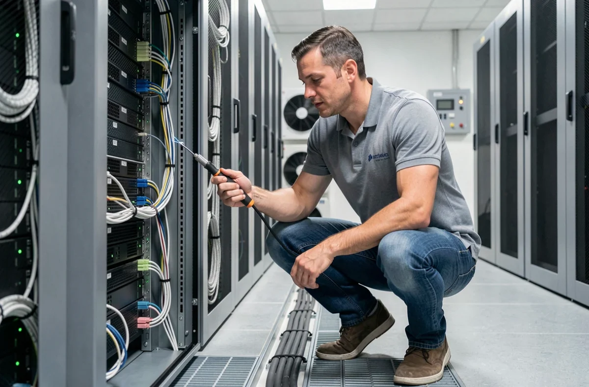 Administrateur systèmes d'IT Systemes effectuant une maintenance de serveurs dans une salle informatique régionale bretonne