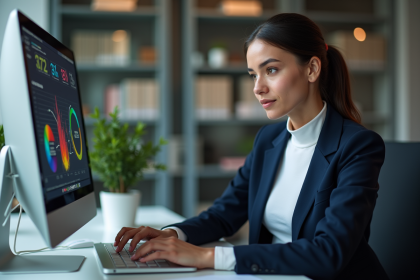 Jeune femme en bureau avec tableau de bord digital