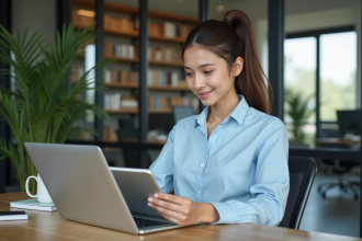 Jeune femme professionnelle travaillant sur son ordinateur dans un bureau moderne