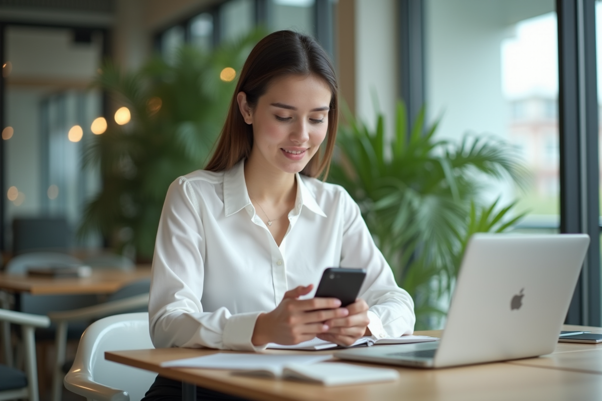 Jeune femme en bureau moderne utilisant son smartphone