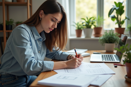 Jeune femme esquissant un wireframe d'une application mobile