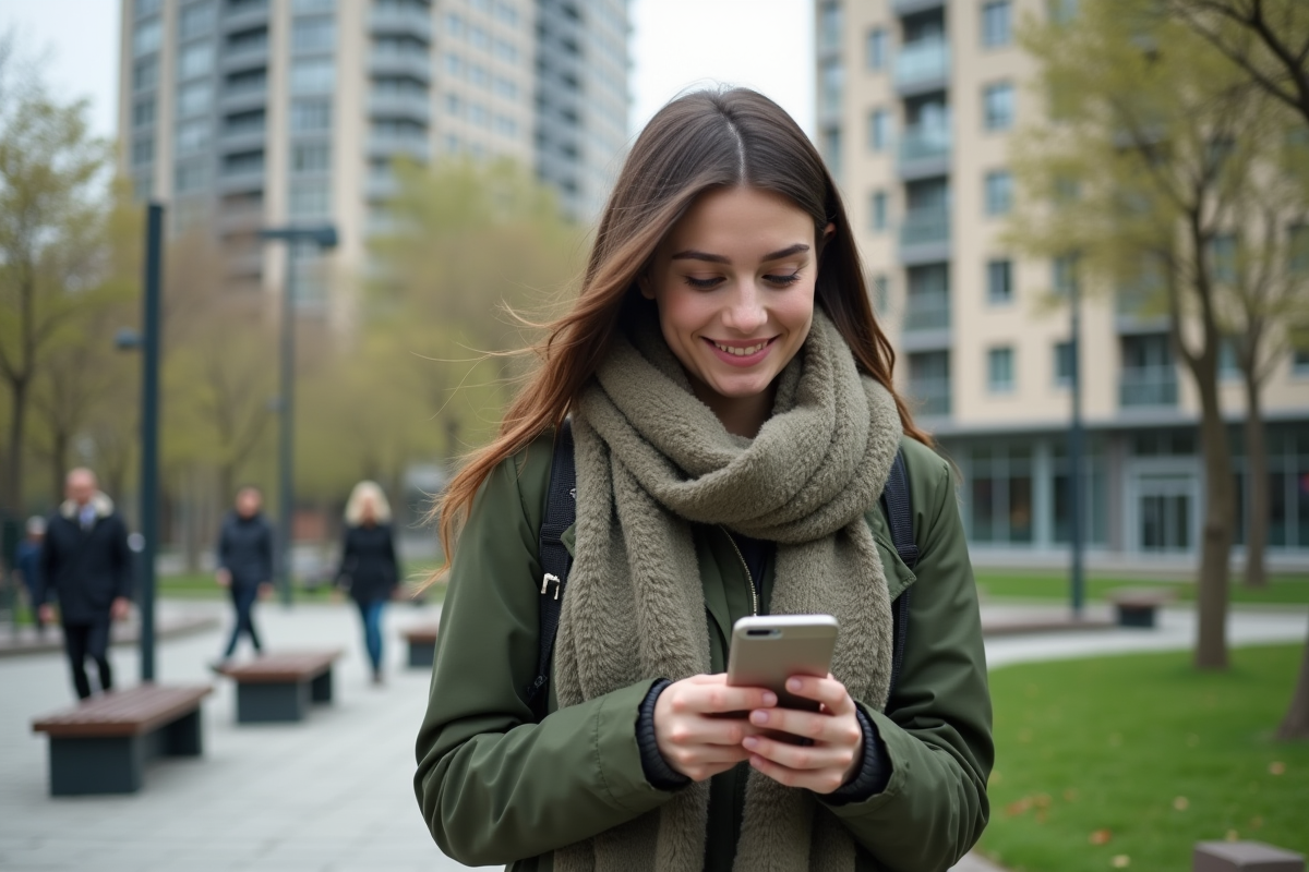 Jeune femme dans un parc urbain testant le WiFi avec son smartphone