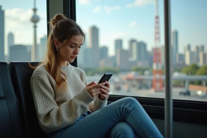 Jeune femme dans le tram utilisant son smartphone