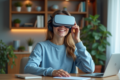 Jeune femme en sweater bleu utilisant un casque VR dans un salon moderne