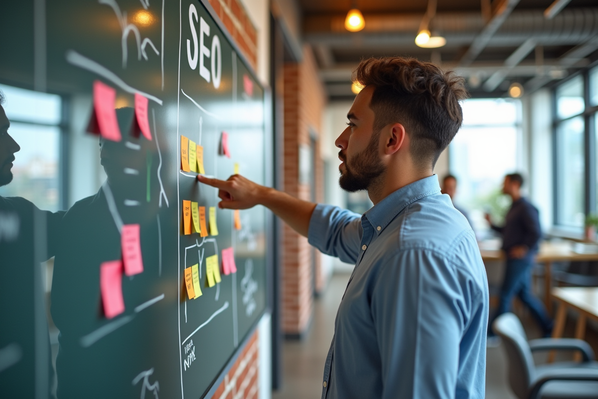 Jeune homme pointant un tableau SEO dans un espace collaboratif