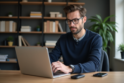 Jeune homme au bureau avec ordinateur portable et clé USB