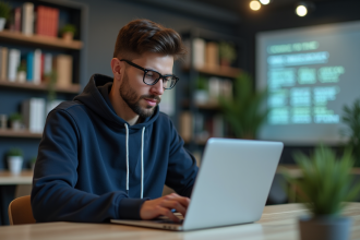 Jeune homme en hoodie travaillant sur un ordinateur portable dans un espace coworking moderne