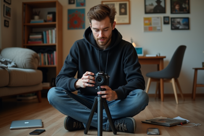 Jeune homme en hoodie ajustant une caméra dans un salon créatif