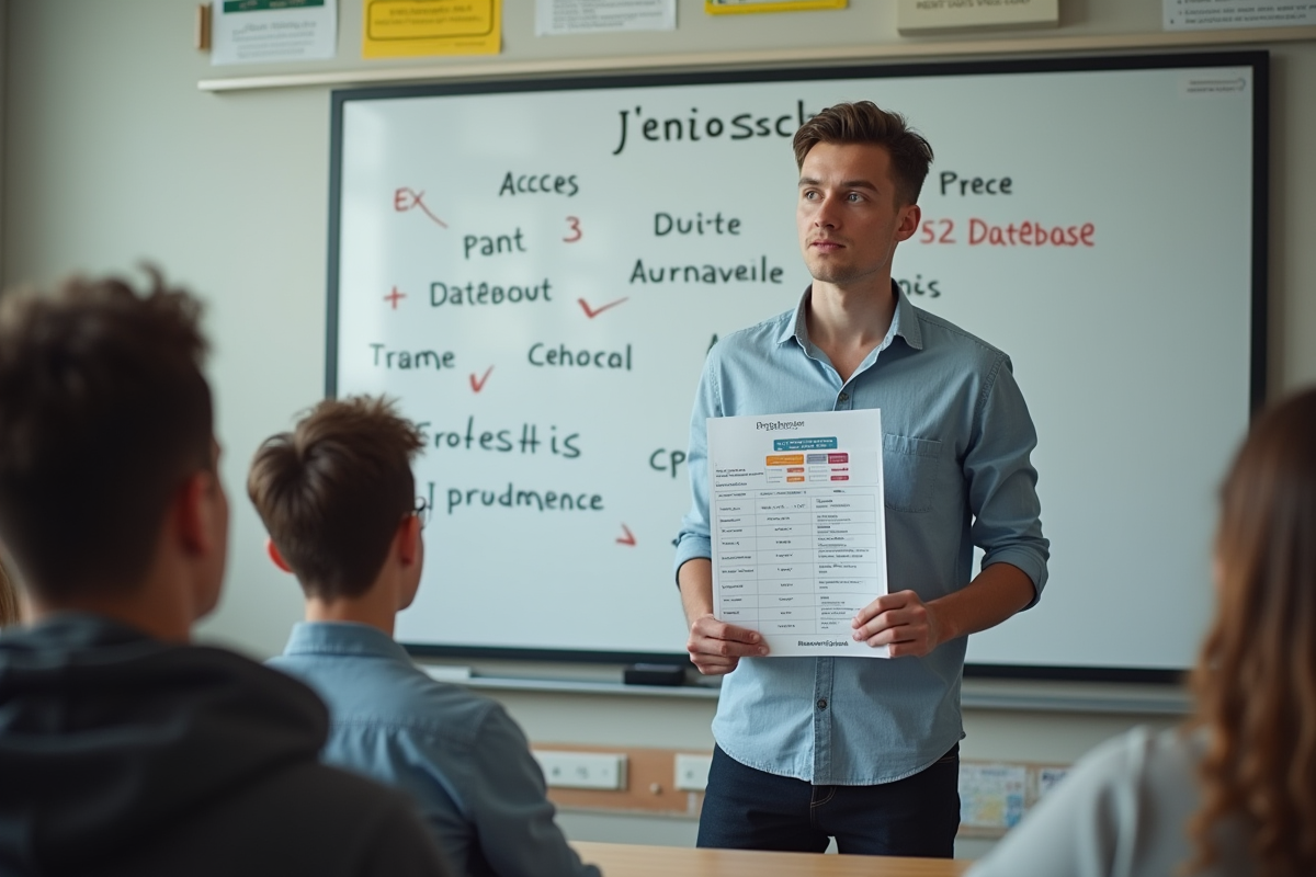 Jeune homme expliquant un diagramme Access en classe avec étudiants