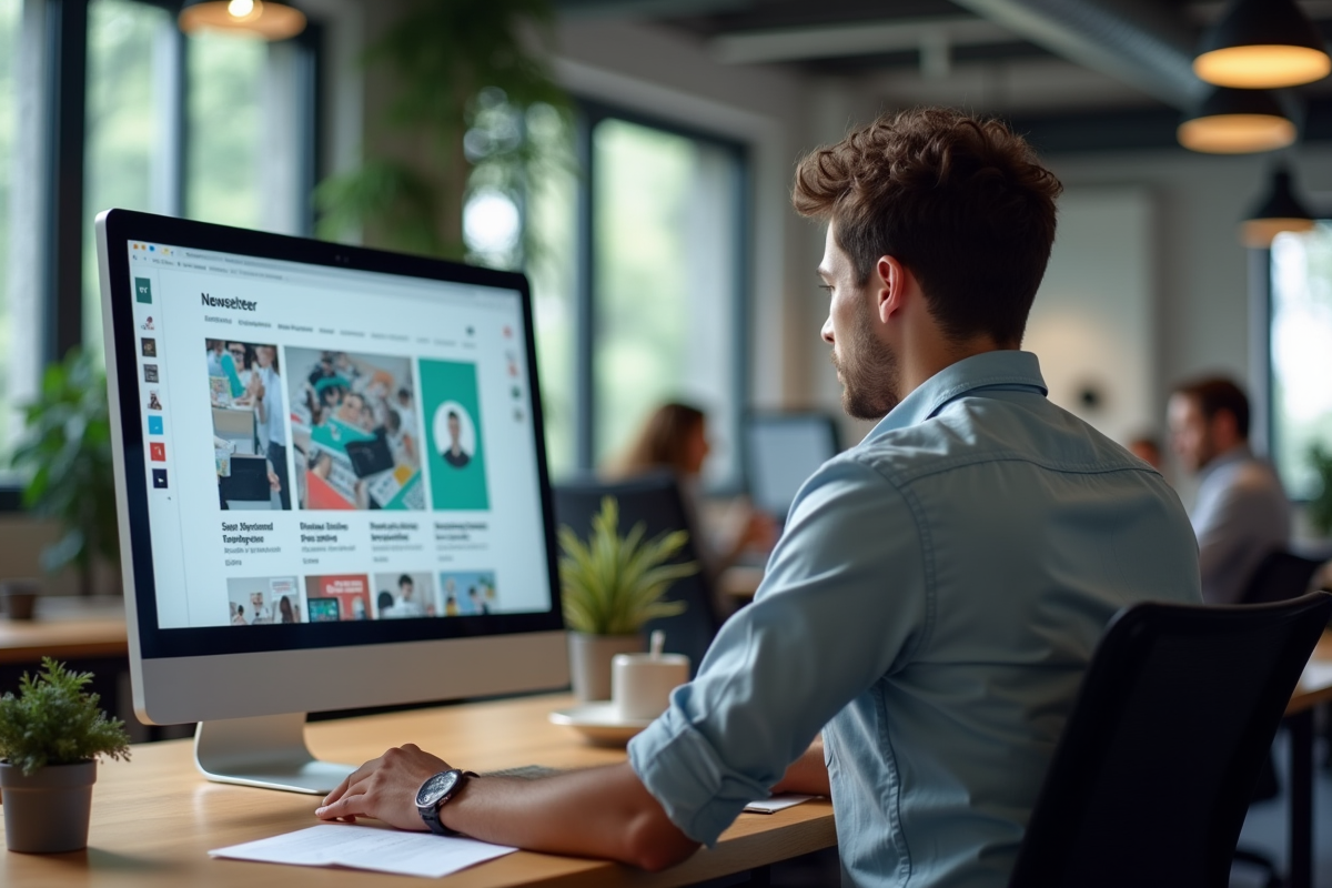 Jeune homme regardant des graphiques de newsletter sur un grand écran