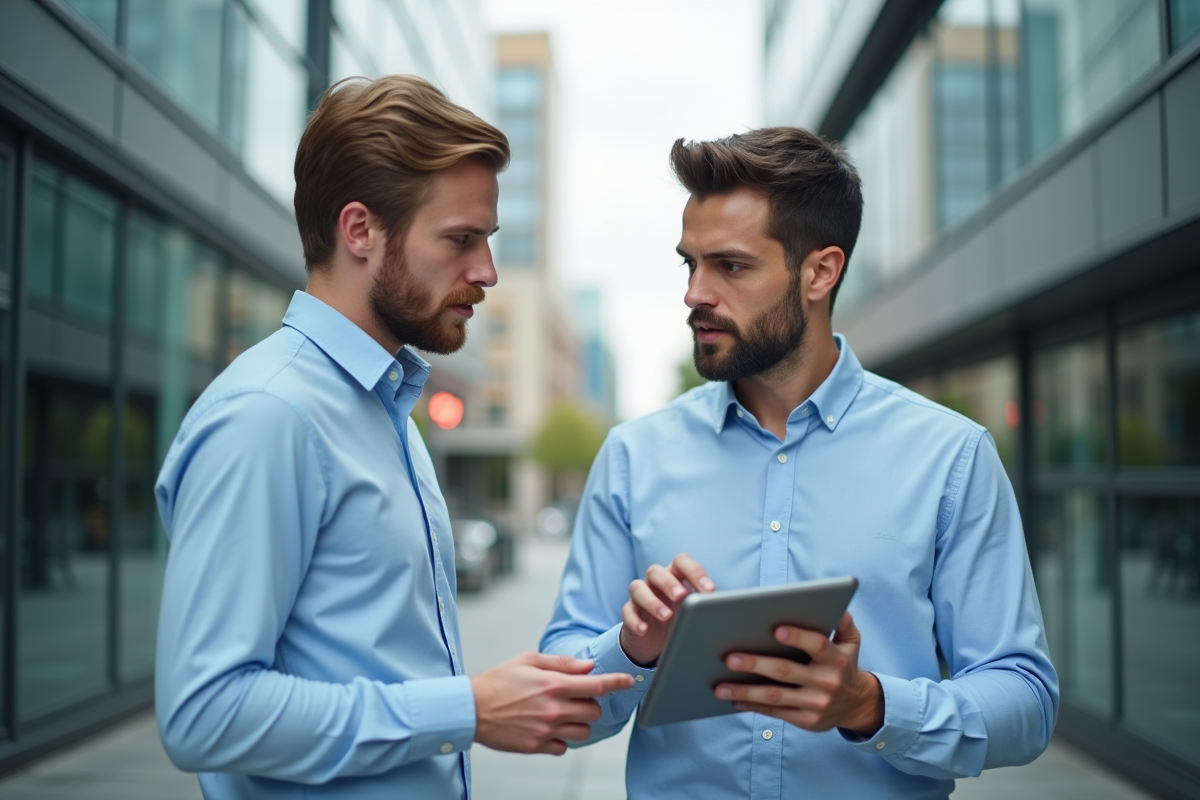 Jeune homme discutant stratégie avec un collègue en extérieur