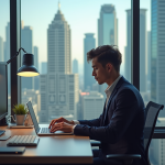 Jeune professionnel travaillant sur un ordinateur avec vue urbaine