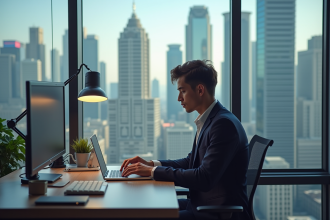 Jeune professionnel travaillant sur un ordinateur avec vue urbaine