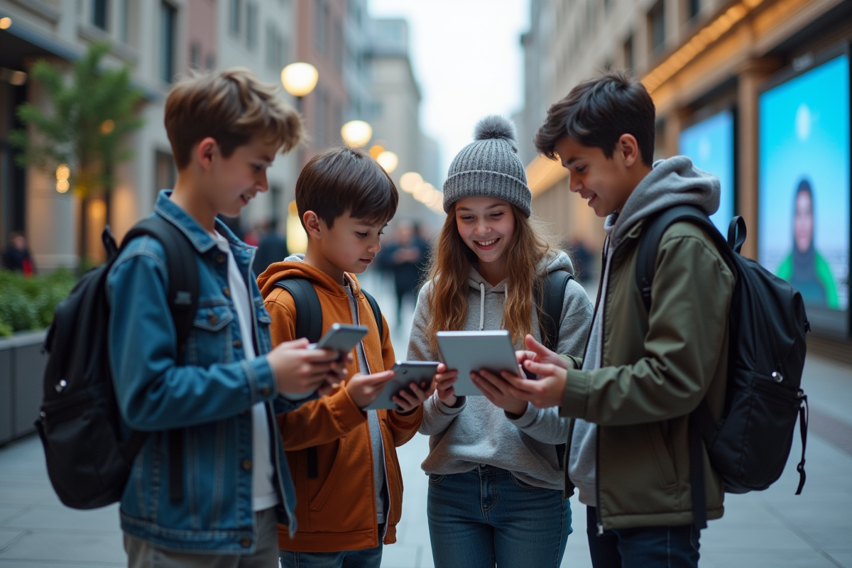 Groupe d adolescents utilisant des tablettes dans un espace urbain