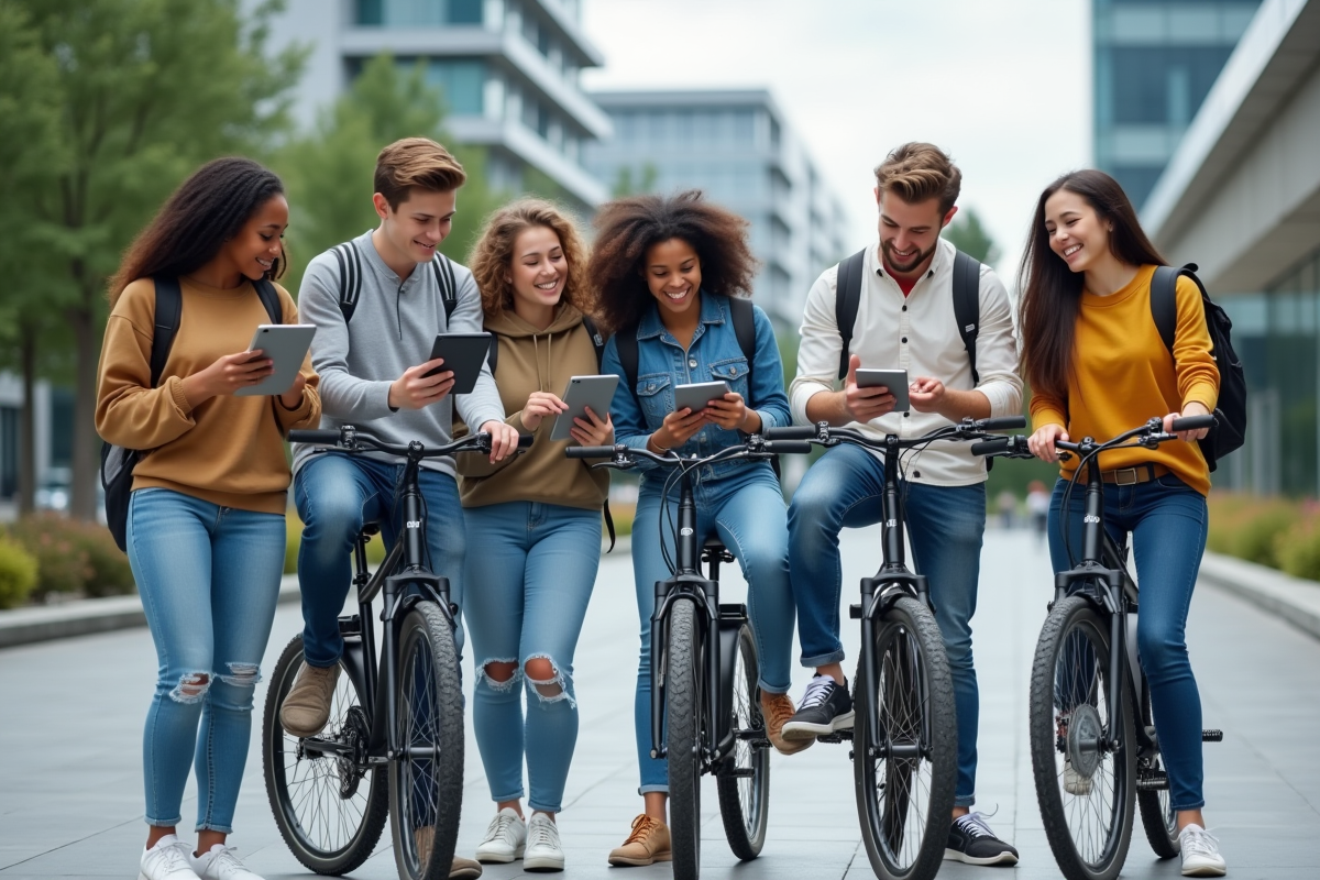 Jeunes avec tablettes et vélos dans une place urbaine moderne