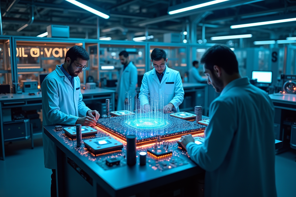 Laboratoire moderne avec ordinateur quantique et scientifiques