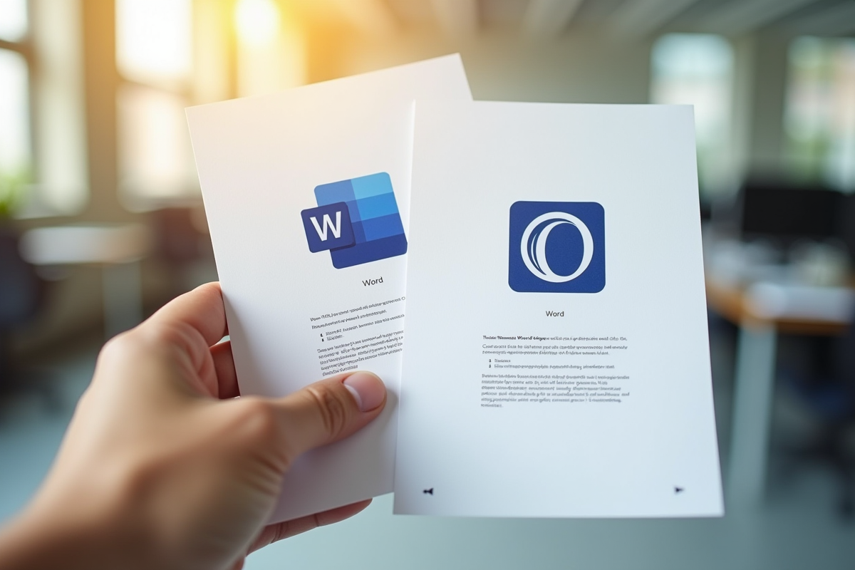 Main tenant des papiers avec logos Word et LibreOffice en lumière naturelle