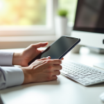 Main smartphone 6,1 pouces sur bureau lumineux