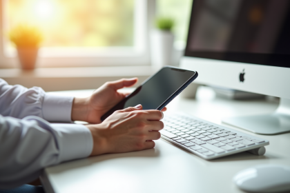 Main smartphone 6,1 pouces sur bureau lumineux