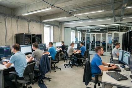 Équipe de techniciens informatiques travaillant dans un centre de maintenance IT professionnel dans la Sarthe