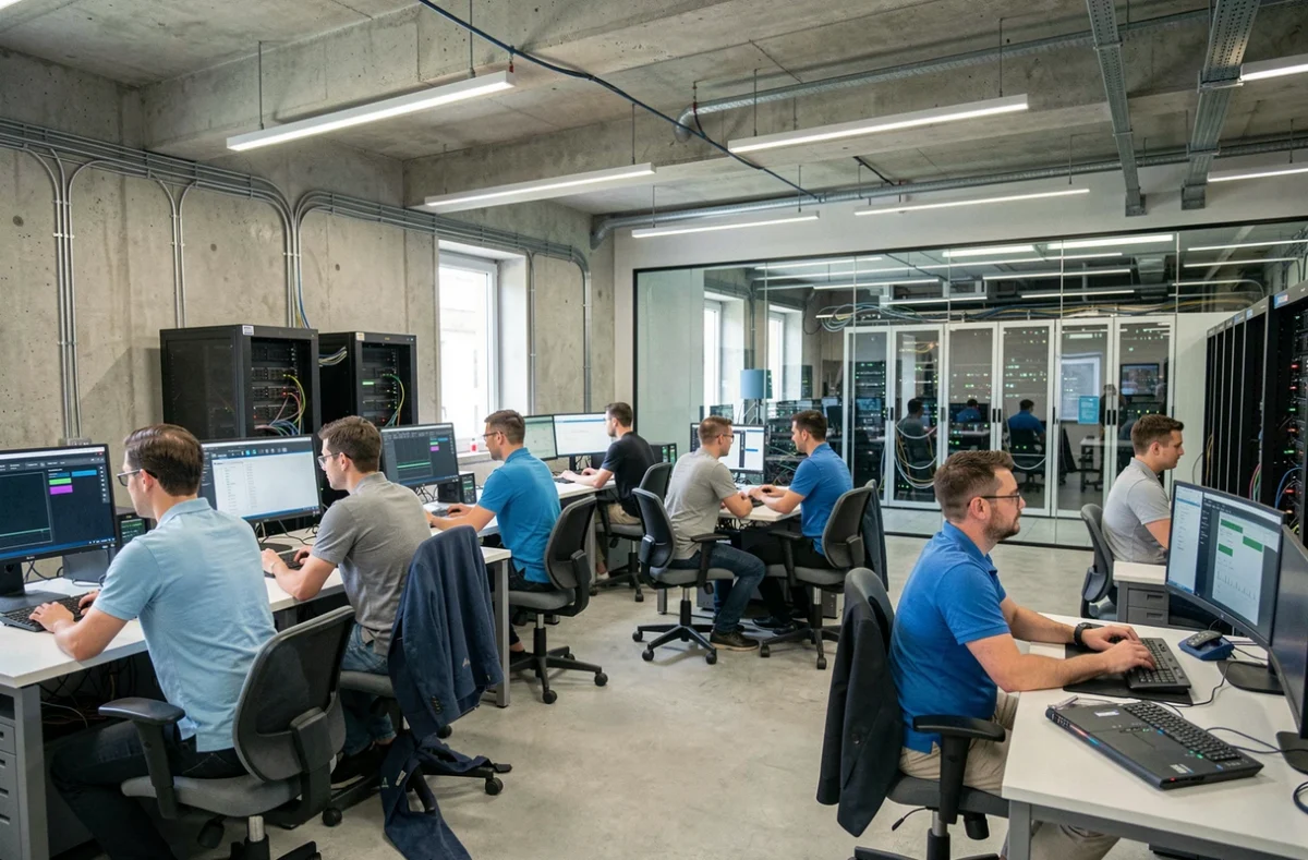 Équipe de techniciens informatiques travaillant dans un centre de maintenance IT professionnel dans la Sarthe