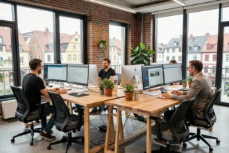 Vue d'ensemble d'une agence WordPress moderne dans le Bas-Rhin avec des professionnels collaborant autour d'écrans affichant des interfaces WordPress