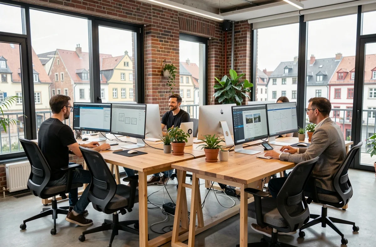 Vue d'ensemble d'une agence WordPress moderne dans le Bas-Rhin avec des professionnels collaborant autour d'écrans affichant des interfaces WordPress