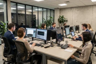 Vue d'ensemble d'un bureau informatique moderne dans l'Oise avec des professionnels au travail