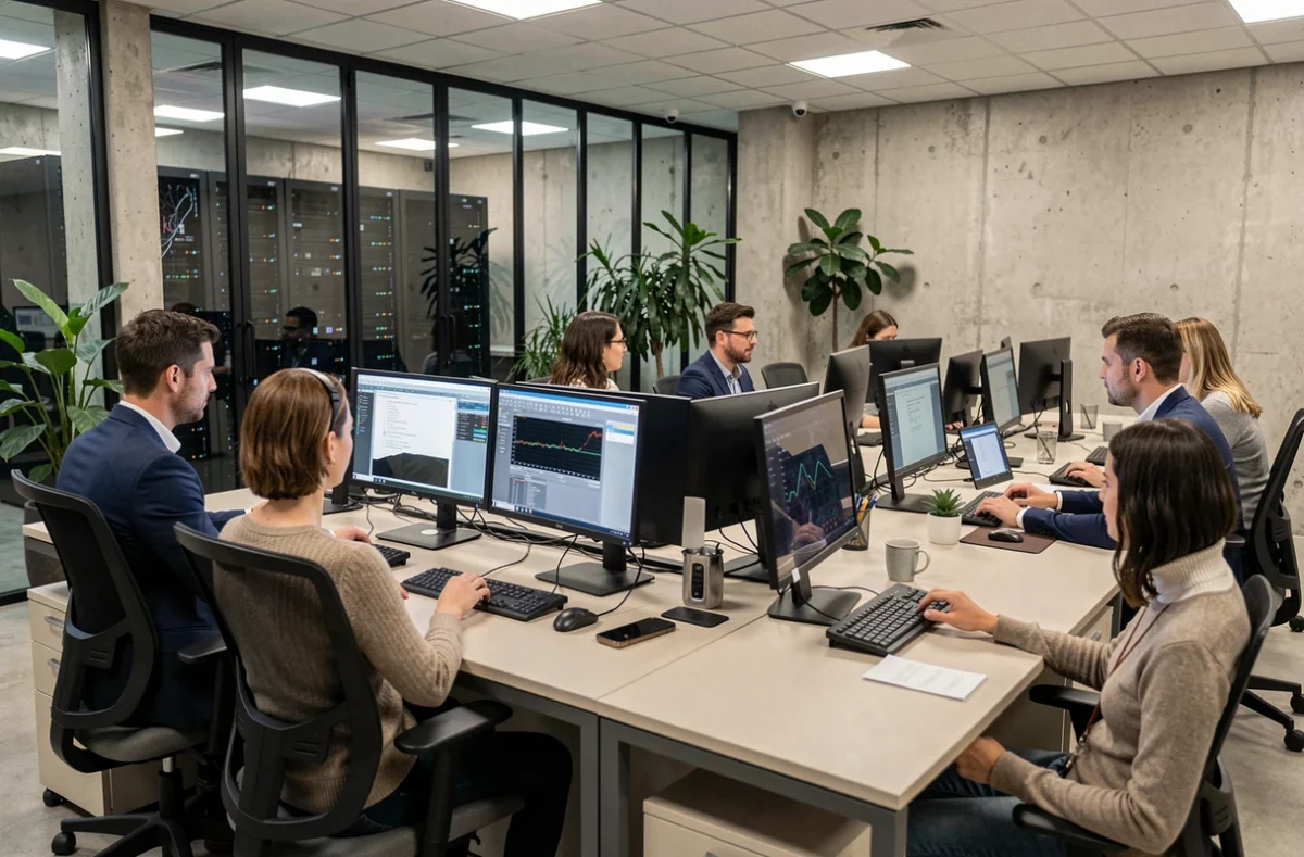 Vue d'ensemble d'un bureau informatique moderne dans l'Oise avec des professionnels au travail