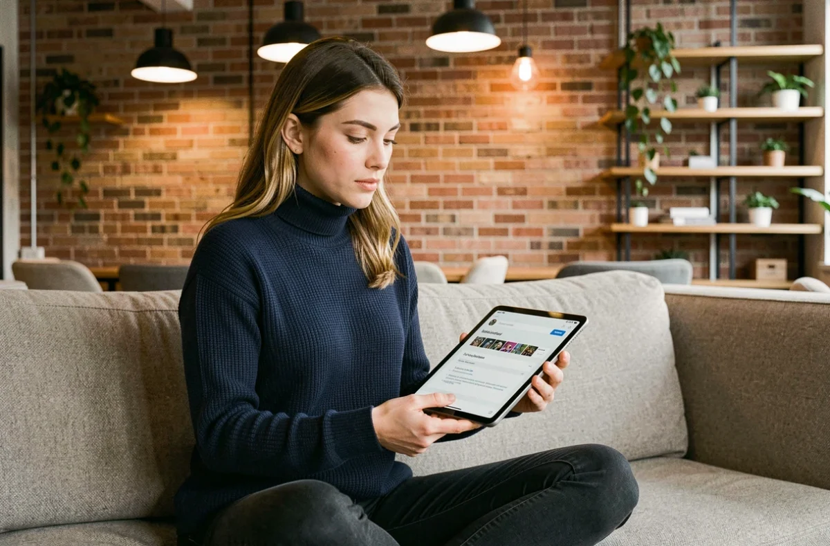 Jeune professionnelle configurant un modèle de signature webmail sur tablette dans un espace coworking