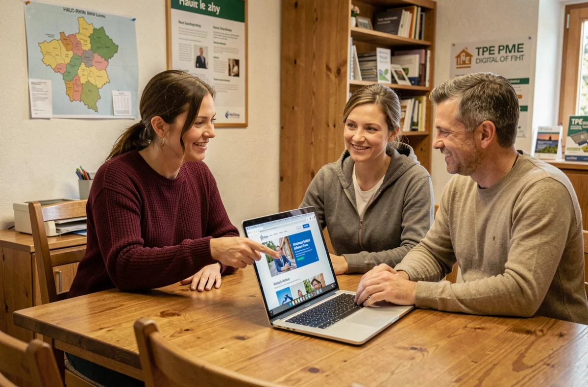 Consultante web de Netinup à Horbourg-Wihr présentant un site internet à des propriétaires de TPE-PME locales