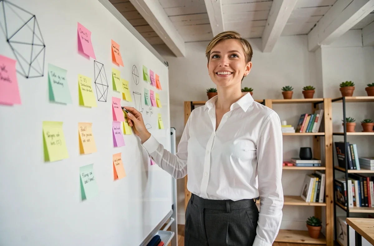 Consultante de l'agence Niji devant un tableau de travail collaboratif dans un studio créatif breton