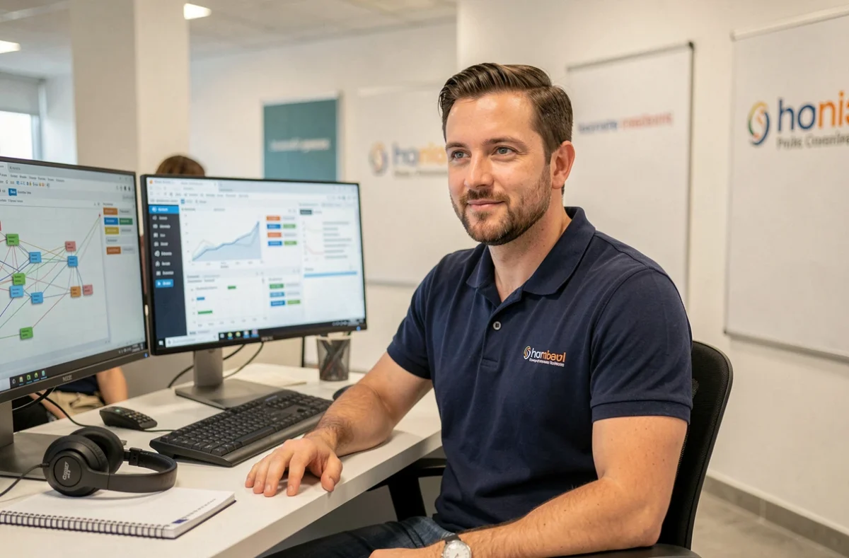 Technicien informatique NowTeam à son poste de travail avec des écrans de monitoring réseau