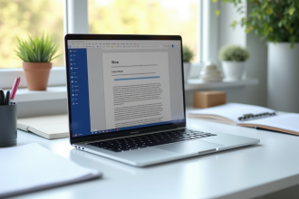Ordinateur portable moderne sur bureau blanc avec conversion Word en LibreOffice