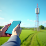 Personne tenant un smartphone près d'une tour en campagne