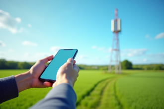 Personne tenant un smartphone près d'une tour en campagne