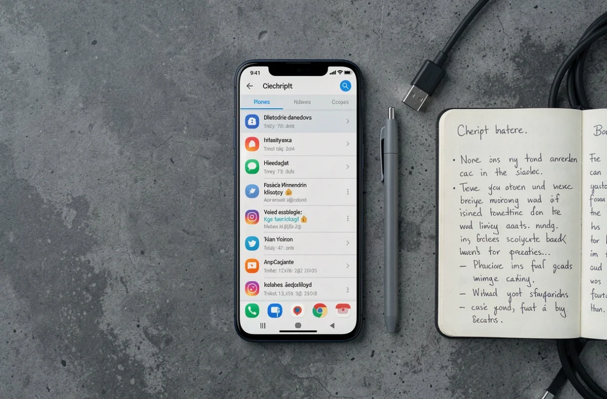 Vue aérienne d'un smartphone Android affichant une application de gestion du presse-papier sur fond béton
