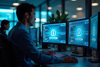 Professionnel informatique surveillant plusieurs écrans avec avertissements