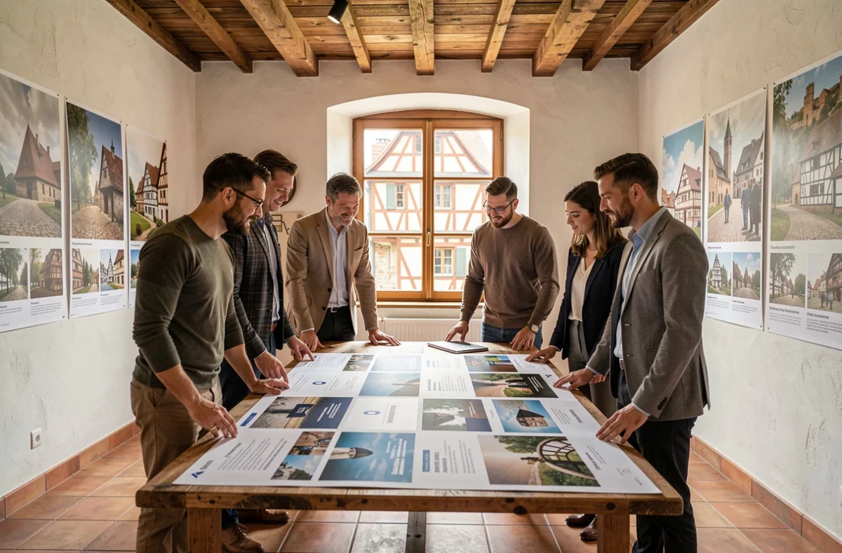 Équipe de l'agence de communication globale Prospectiv à Colmar travaillant sur une campagne de marque dans un studio alsacien