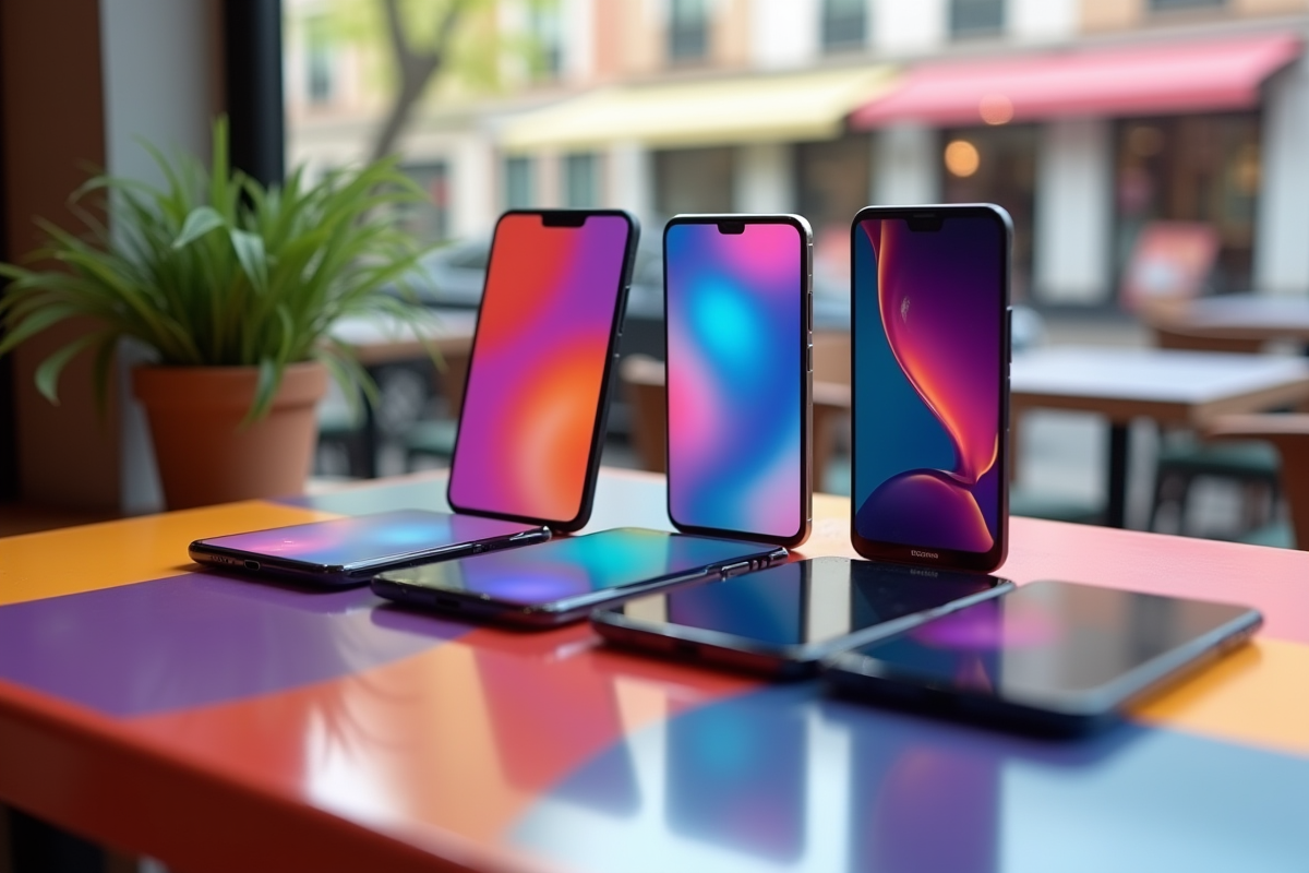 Quatre smartphones 6,1 pouces sur table colorée