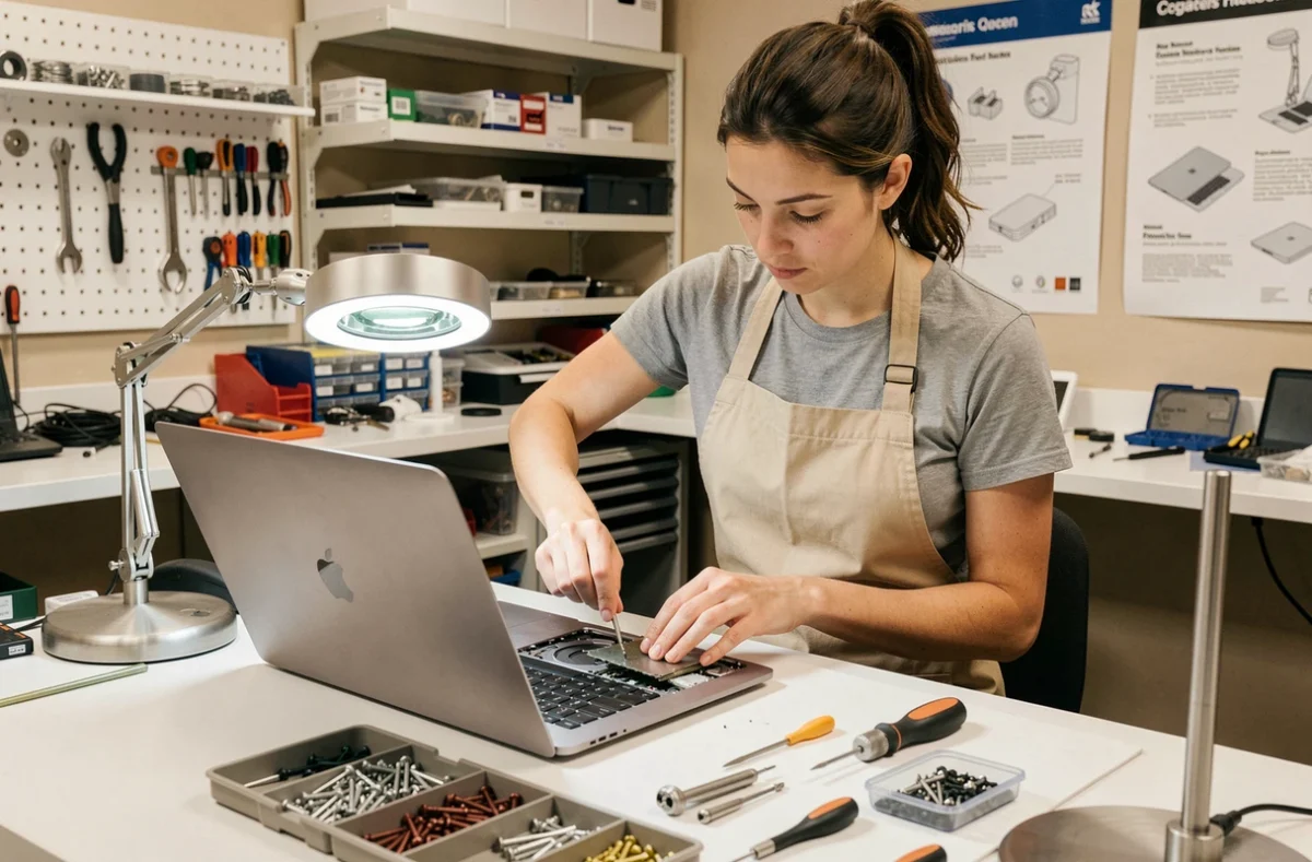 Technicienne de Reparation Mac Paris IDF démontant un MacBook Pro dans un atelier spécialisé