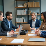 Groupe de professionnels en réunion avec enregistreur audio