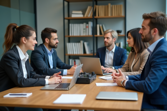 Groupe de professionnels en réunion avec enregistreur audio