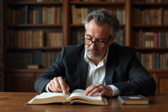 Homme pensif en étude avec livres anciens et hologrammes