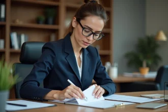 Femme d'affaires organisant des documents dans un bureau moderne