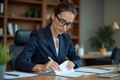 Femme d'affaires organisant des documents dans un bureau moderne