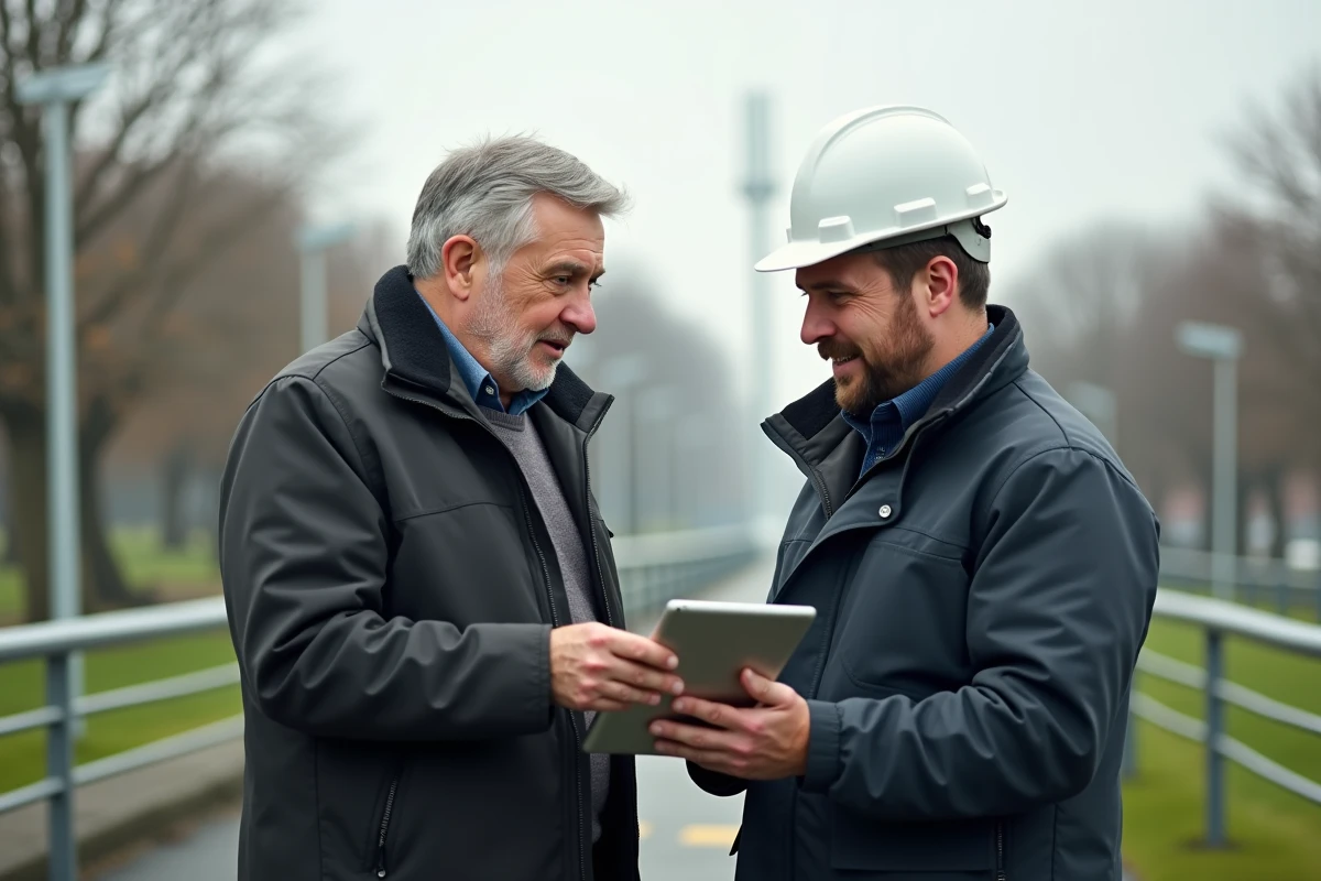 Homme âgé discutant avec un technicien près d