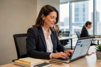 Femme professionnelle rédigeant une signature sur webmail dans un bureau moderne de Créteil
