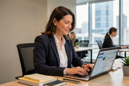 Femme professionnelle rédigeant une signature sur webmail dans un bureau moderne de Créteil